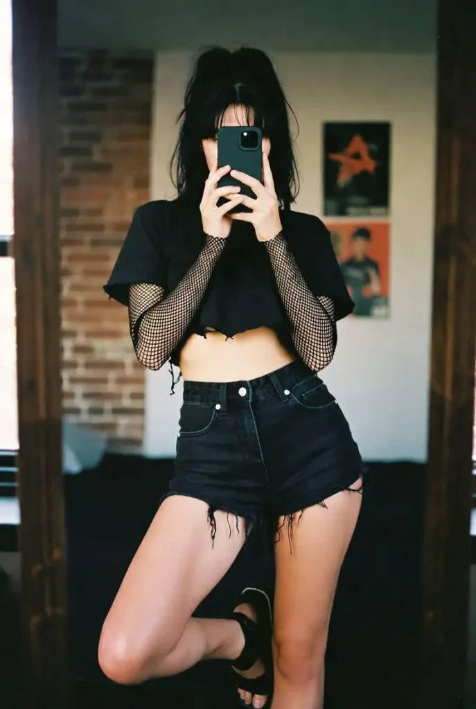 Mirror selfie in fishnet crop top and high-waist black denim shorts, a staple from 15 punk outfit ideas for summer.