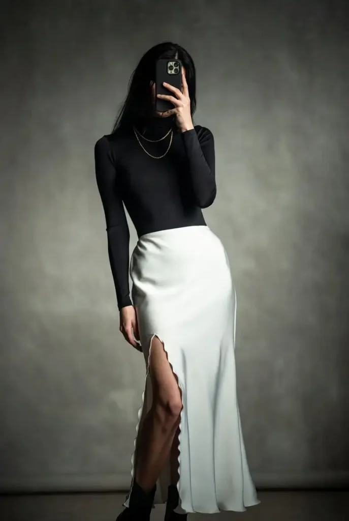 One of the 13 White Maxi Skirt Outfits: a fitted black turtleneck with a silky white slit maxi skirt and gold chain necklace.