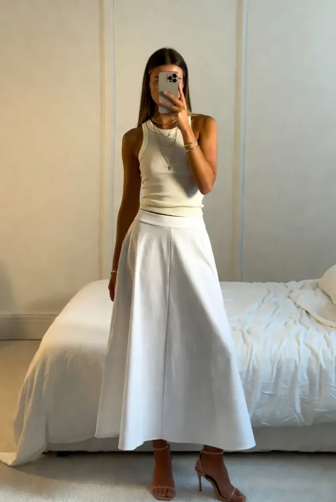 One of the 13 White Maxi Skirt Outfits: a cream ribbed tank tucked into a white maxi skirt with layered gold jewelry.