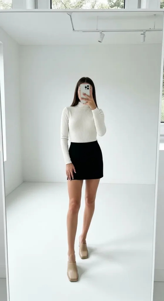 
10 Black Mini Skirt Outfit Ideas: white ribbed turtleneck bodysuit, beige square-toe mules, white studio mirror selfie