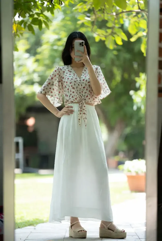 One of the 13 White Maxi Skirt Outfits: a tie-front floral blouse with a flowy white maxi skirt and espadrille wedges