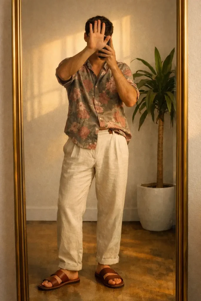 From 10 Cottagecore Outfit Ideas for Men: muted floral shirt with cream linen trousers and leather sandals

