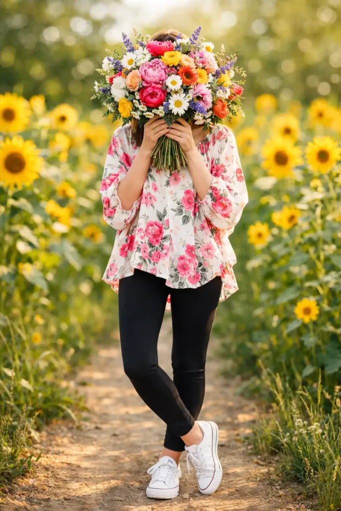 One of 10 black leggings outfits: flowy floral top, black leggings, white sneakers in a golden sunflower field