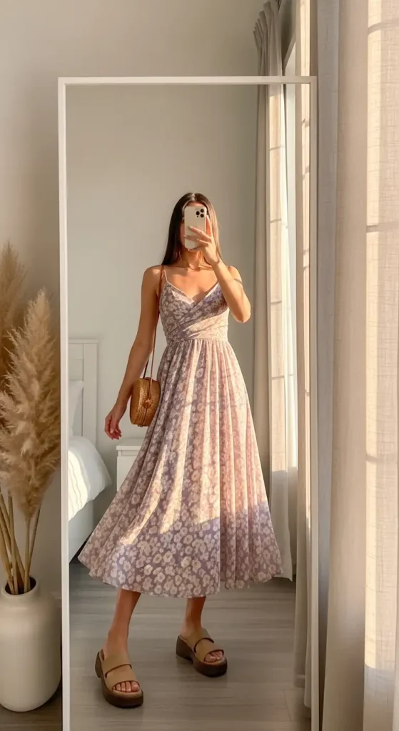From 10 VSCO outfit ideas, a flowy lavender floral midi dress with a wicker bag and chunky sandals in golden light.