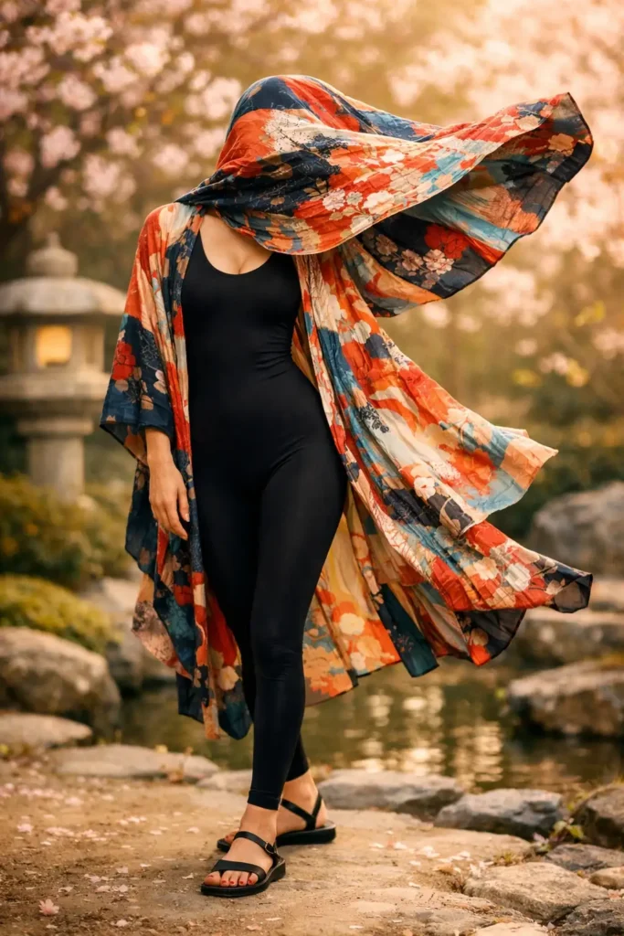 ne of 10 black leggings outfits: colorful printed kimono, black leggings, flat sandals in a cherry blossom garden