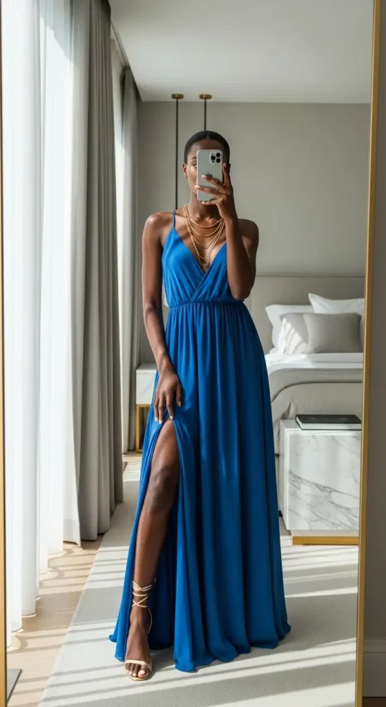 Blue flowy maxi dress from 10 Summer Birthday Outfit Ideas for Black Women, iPhone mirror selfie in luxury hotel room