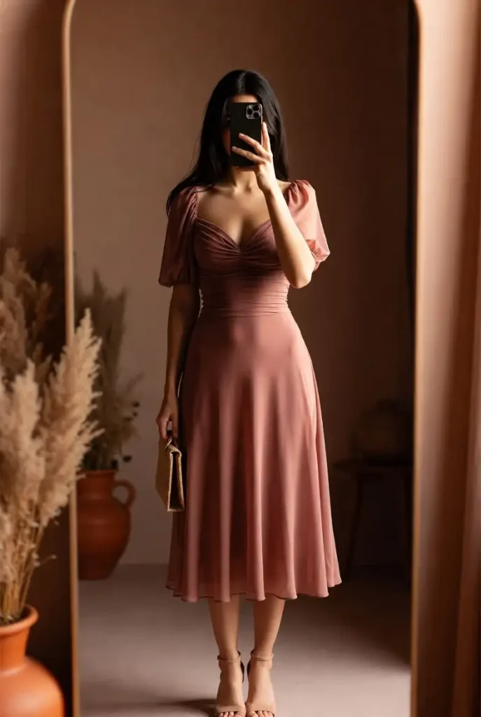 A dusty rose flowy midi dress mirror selfie — one of the most romantic classy 25th birthday outfit ideas