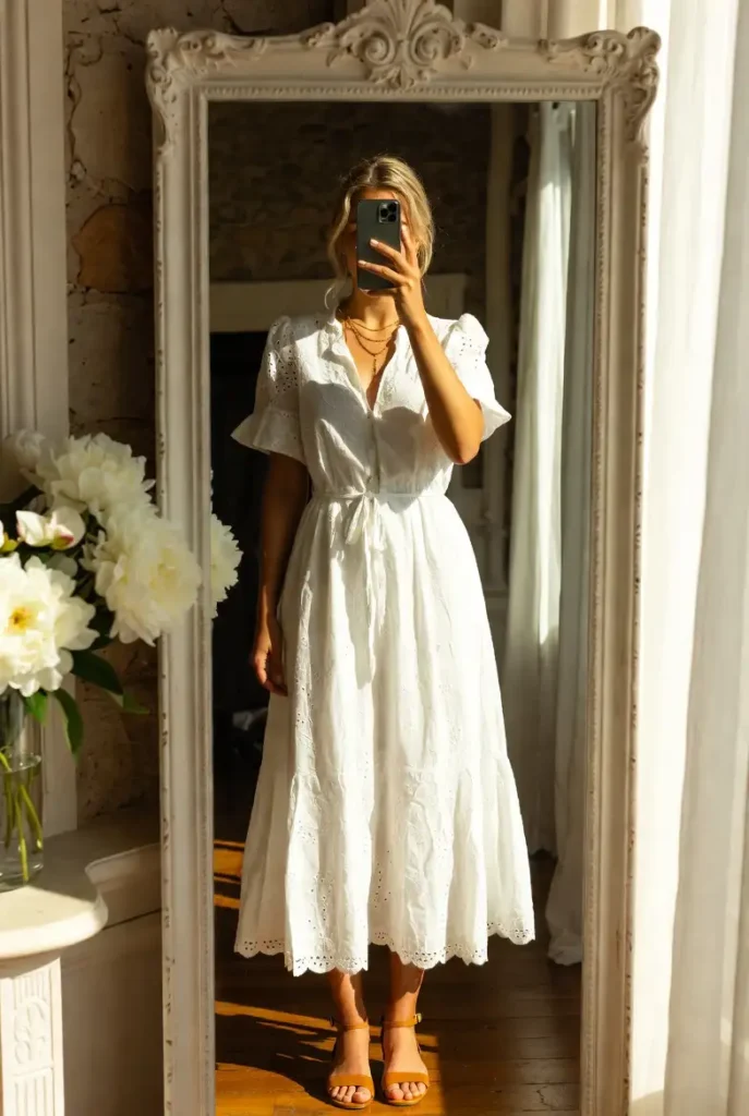Flowy white broderie anglaise maxi dress mirror selfie — part of 10 All White Outfit Ideas for Spring
