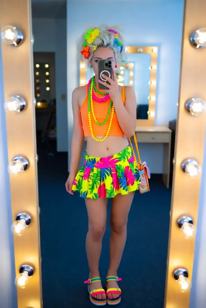 Mirror selfie in a neon orange crop top, tropical mini skirt, and bright flower clips from 10 gyaru outfit ideas.