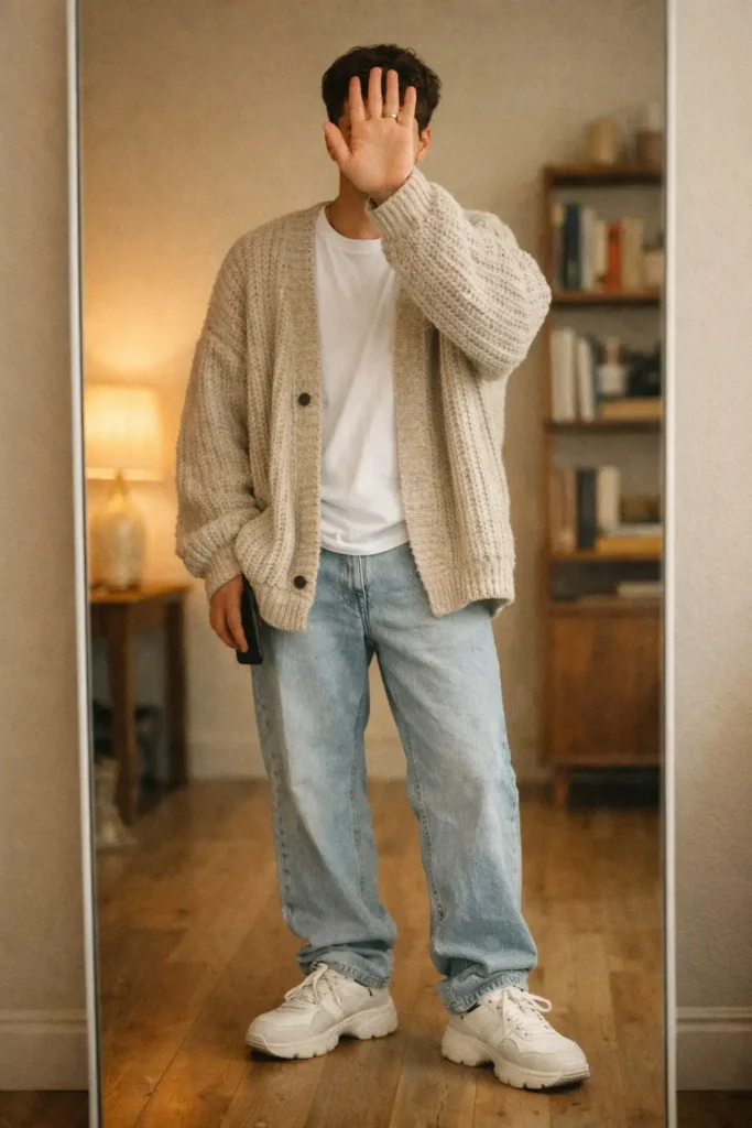 From 10 Cottagecore Outfit Ideas for Men: chunky oatmeal cardigan over white tee with light-wash jeans
