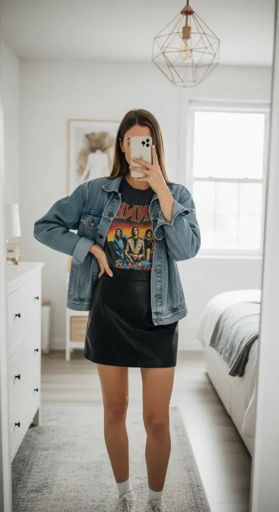 Mirror selfie of a stylish woman in graphic tee and denim jacket with black leather skirt for Black Leather Skirt Outfit Ideas.