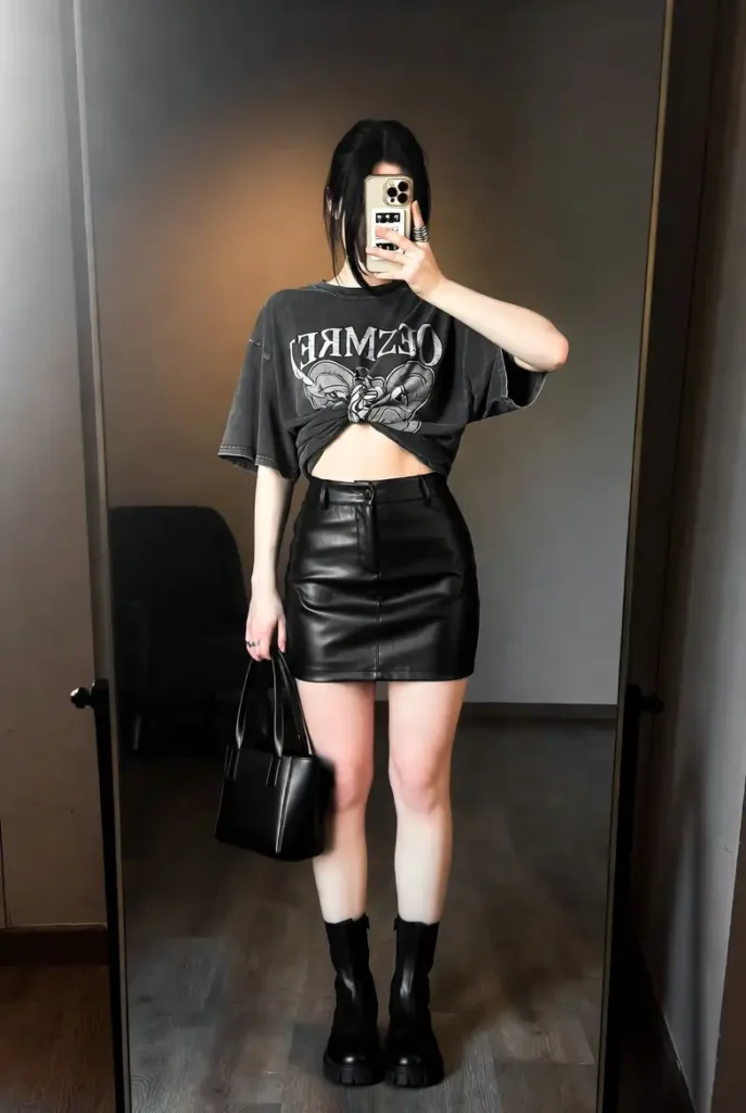 Edgy casual 18th birthday outfit idea: knotted graphic tee with black faux leather mini skirt, ankle boots, and black tote bag