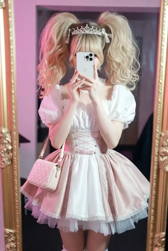 Mirror selfie in a pink lace babydoll dress with crystal tiara and twin pigtails from 10 gyaru outfit ideas.