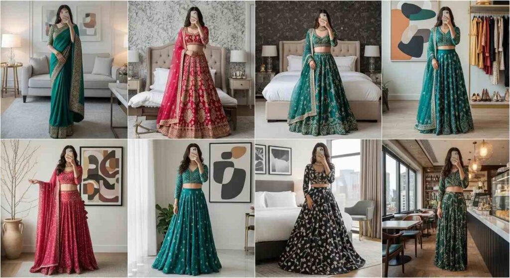 Collage of elegant ethnic looks in mirror selfies, inspiring Indian Birthday Outfit Ideas for Women.