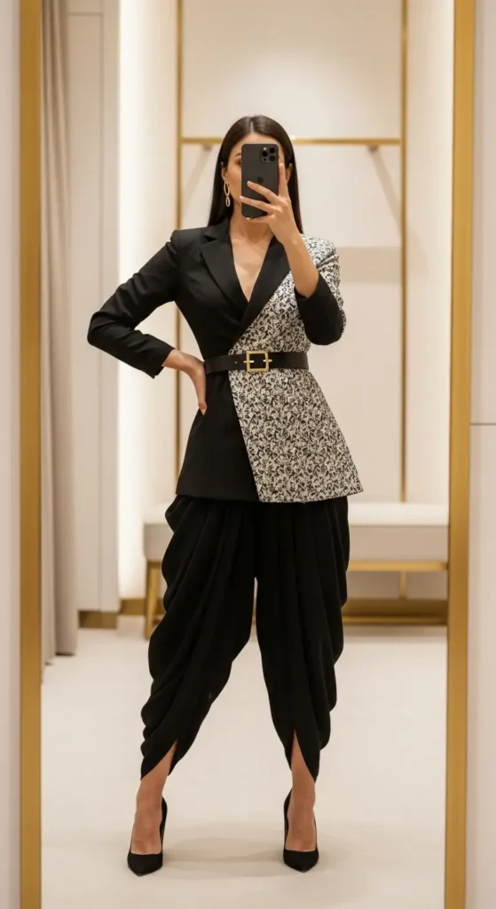 Stylish black blazer with patterned dhoti pants in mirror selfie, great Indian Birthday Outfit Ideas for Women.