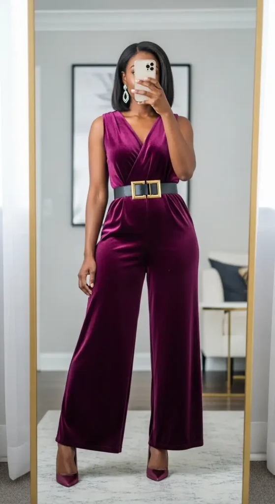 A Black woman in a deep plum velvet jumpsuit with a gold statement belt — a birthday dinner outfit idea for Black women