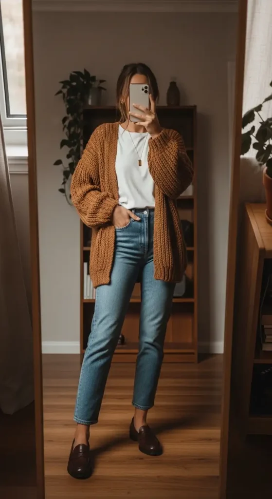 A cozy look from 10 VSCO outfit ideas — chunky camel cardigan, white tee, straight-leg jeans, and brown loafers.