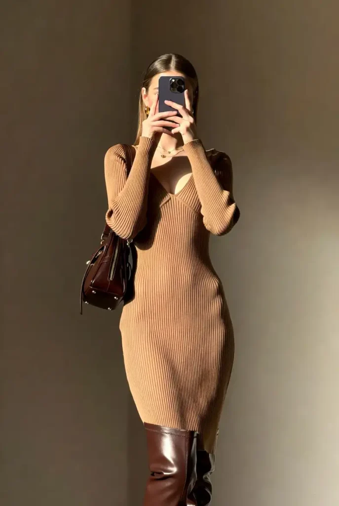 One of 10 dark academia outfit ideas: camel ribbed knit midi dress paired with over-the-knee brown boots