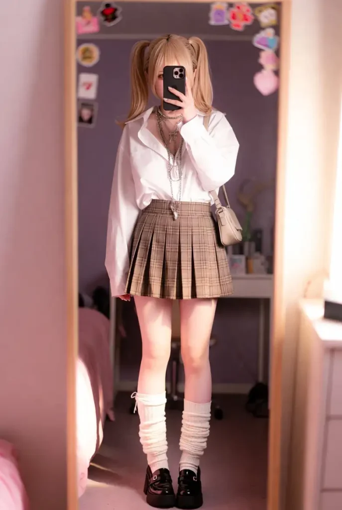 Mirror selfie in an oversized white shirt, plaid mini skirt, and loose socks — a kogal from 10 gyaru outfit ideas.