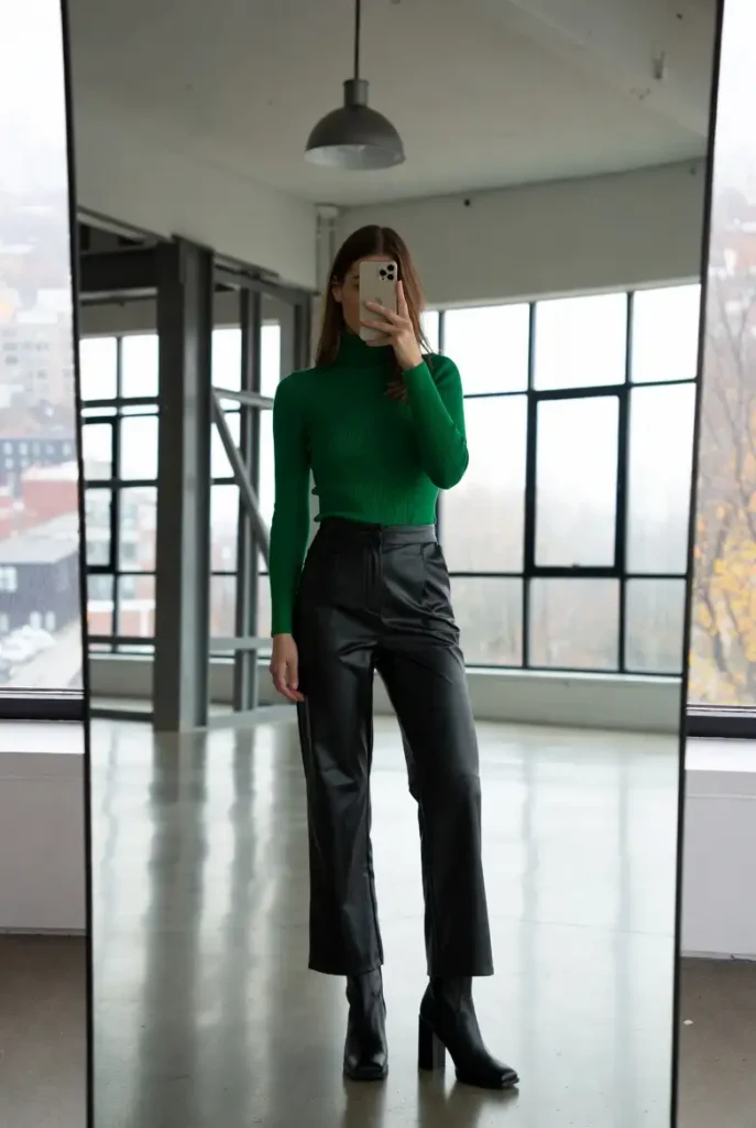 10 Trendy Fall Birthday Outfit Ideas for Women: green fitted turtleneck paired with black leather-look straight pants and boots