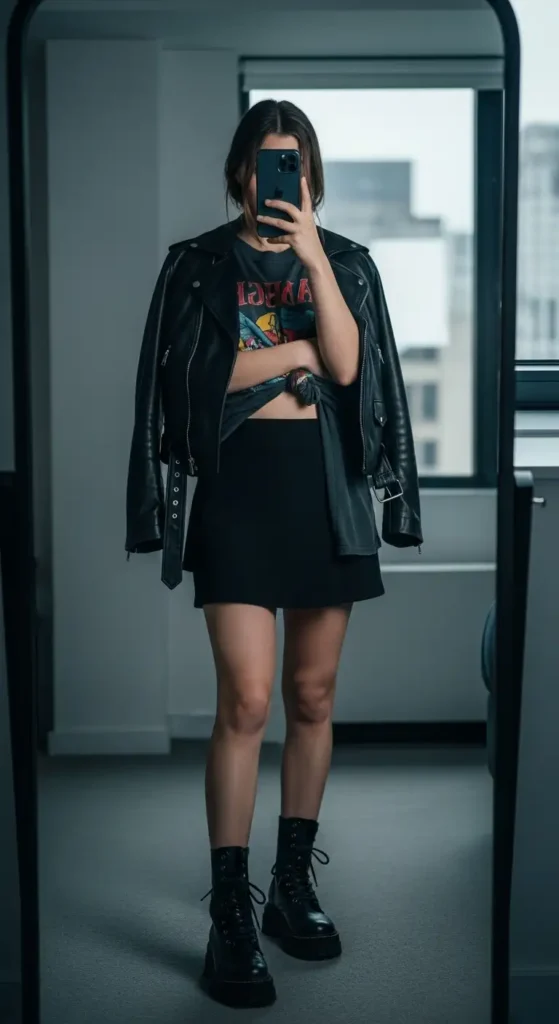 10 Black Mini Skirt Outfit Ideas: black leather jacket, band tee, combat boots, moody urban apartment mirror selfie