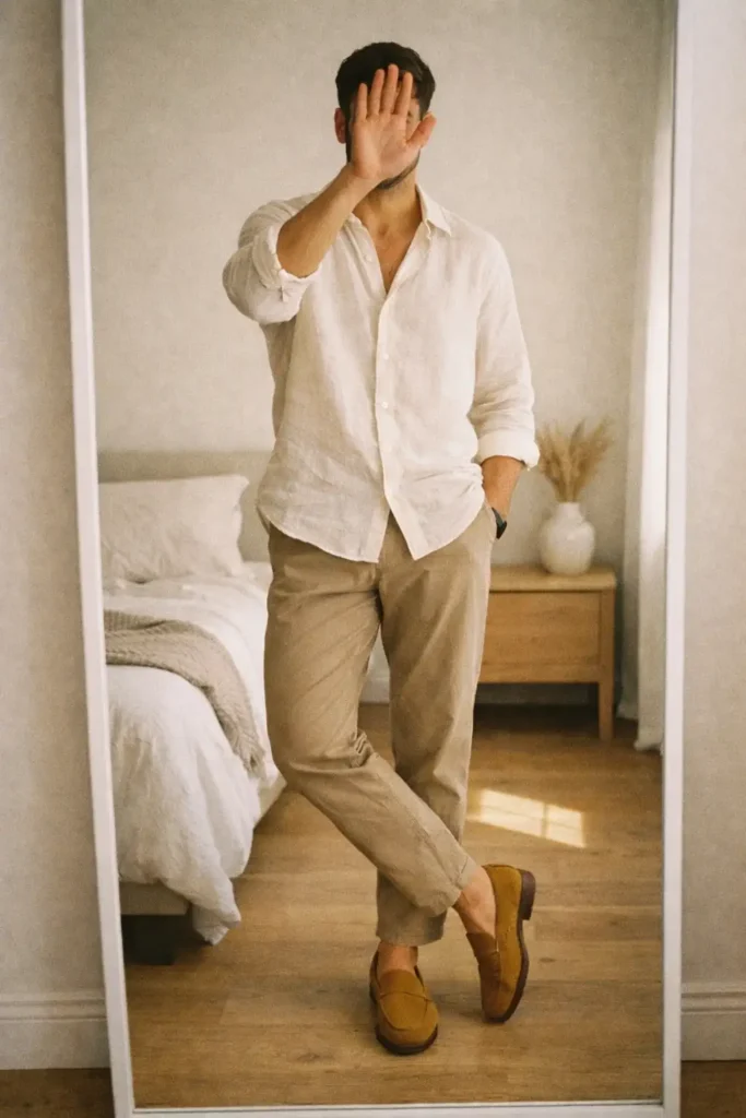 From 10 Cottagecore Outfit Ideas for Men: white linen shirt with tapered beige chinos and suede loafers
