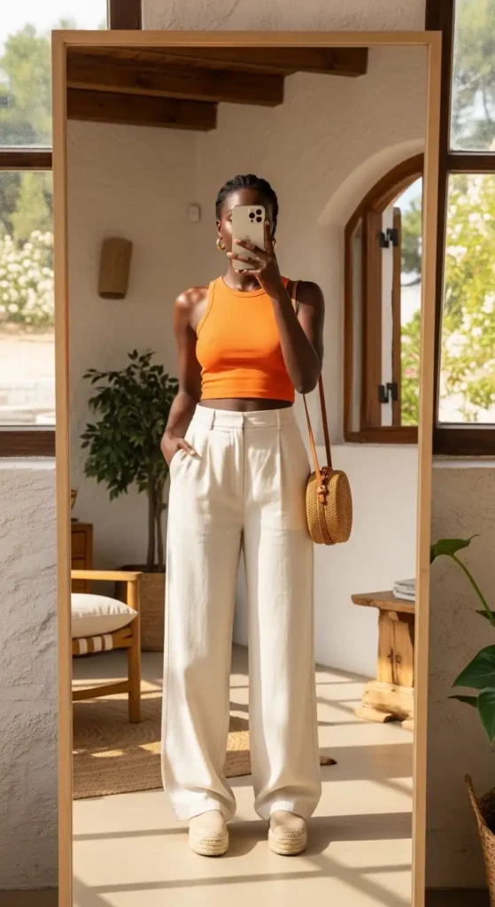 Cream wide-leg pants and orange crop top in 10 Summer Birthday Outfit Ideas for Black Women, mirror selfie in sunny villa