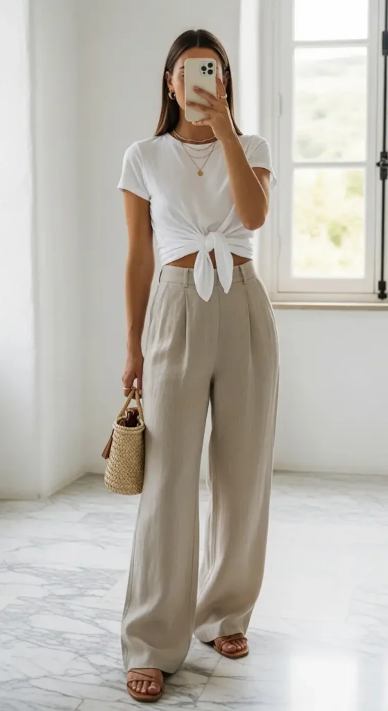 From 10 VSCO outfit ideas, beige wide-leg linen pants paired with a tied white tee, straw bag, and strappy sandals