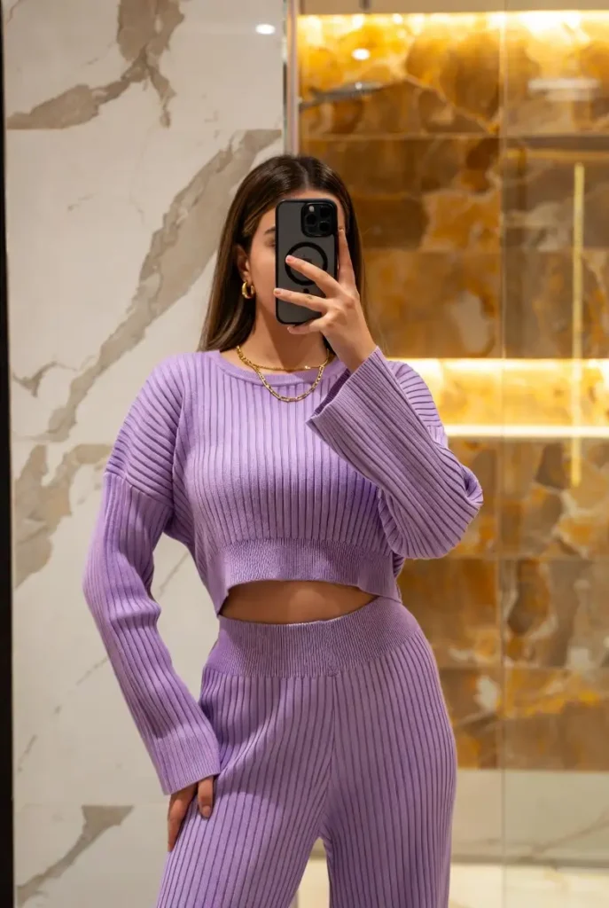 Stylish casual 18th birthday outfit idea: lavender ribbed knit co-ord set with gold hoop earrings and layered chain necklace.