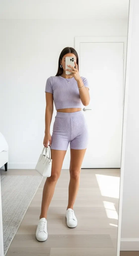 Part of 10 VSCO outfit ideas — navy striped ribbed crop top with light-wash mom jeans and white canvas sneakers