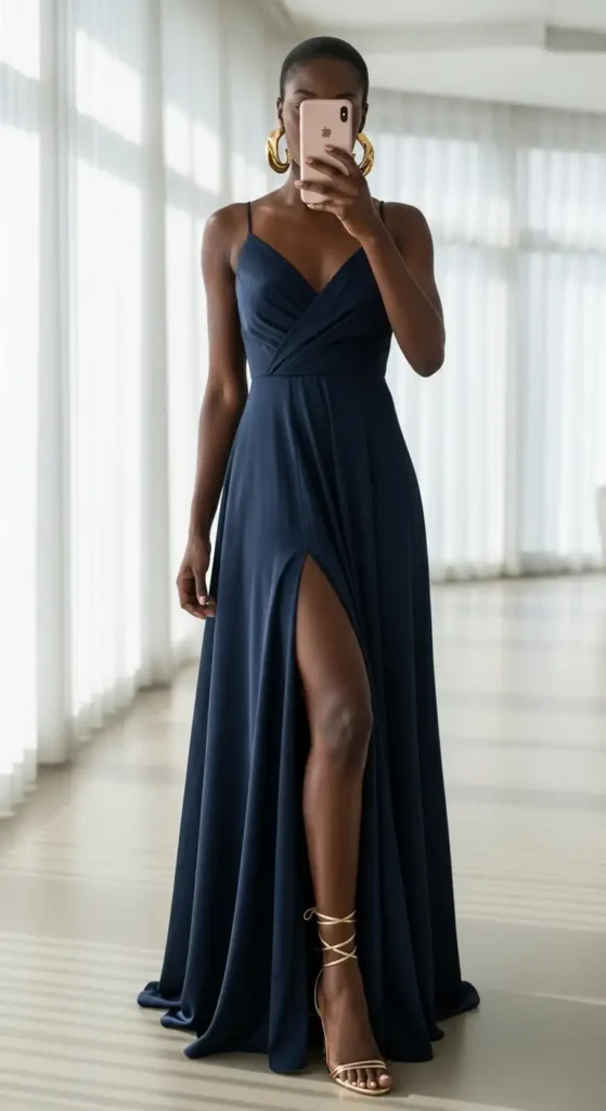 A Black woman in a navy maxi dress with a thigh-high slit and gold heels — a birthday dinner outfit for Black women