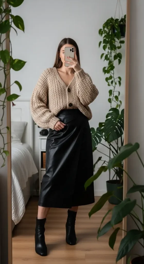 Mirror selfie of a stylish woman in chunky cardigan and black leather midi skirt for Black Leather Skirt Outfit Ideas.