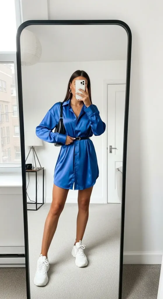 Shiny royal blue satin mini shirt dress belted with white sneakers, featured in 10 Aesthetic Baddie Outfit Ideas.