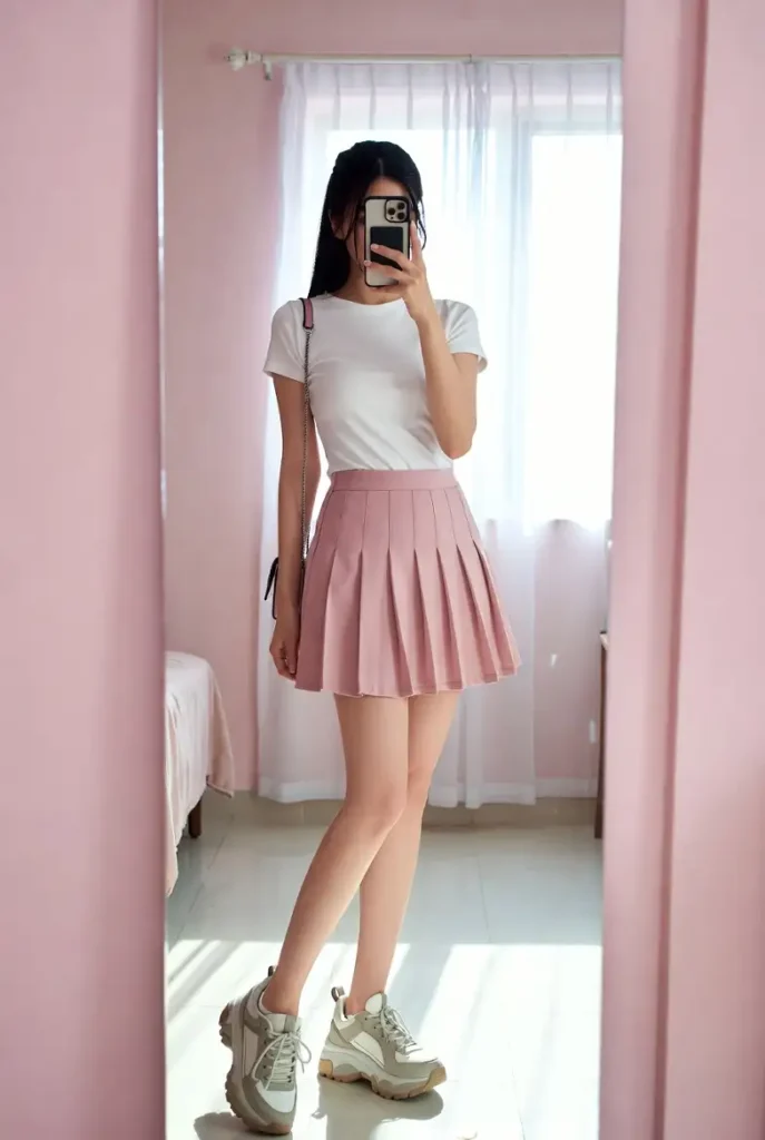Fun casual outfit idea for 18th birthday — pink pleated mini skirt with white fitted tee, platform sneakers, and crossbody bag
