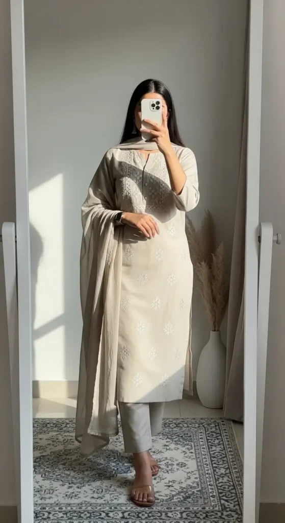 Woman in beige embroidered kurta set posing in mirror selfie, chic Indian Birthday Outfit Ideas for Women.