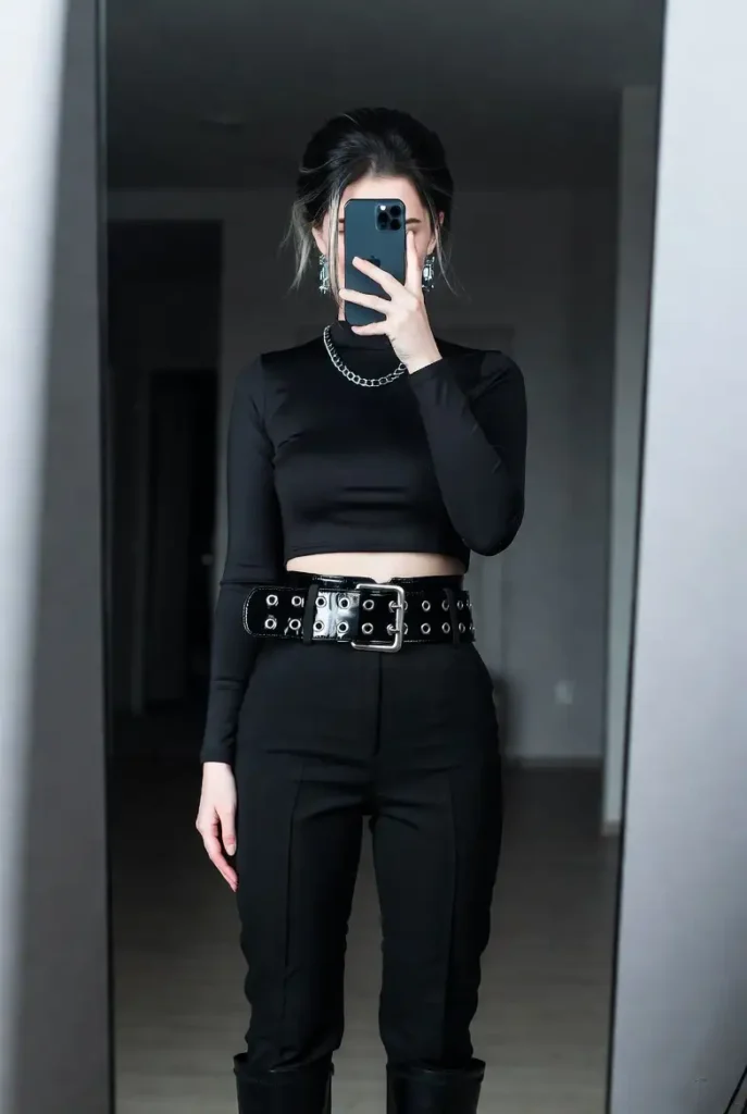 Mirror selfie in an all-black crop top, wide-leg trousers, and grommet belt with chain necklace from 10 gyaru outfit ideas.