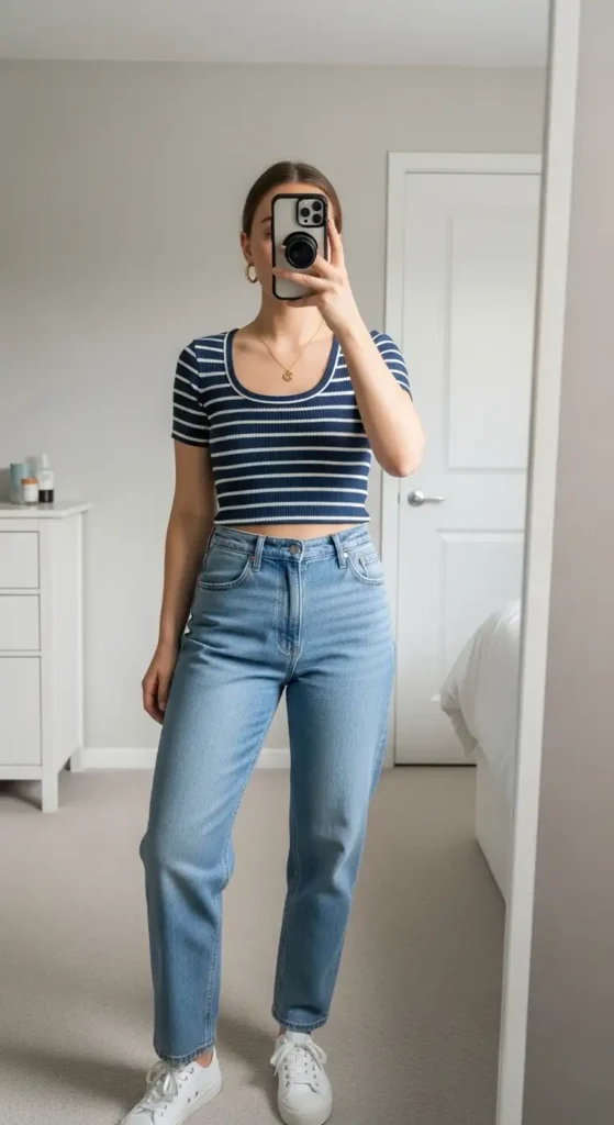 Part of 10 VSCO outfit ideas — navy striped ribbed crop top with light-wash mom jeans and white canvas sneakers.
