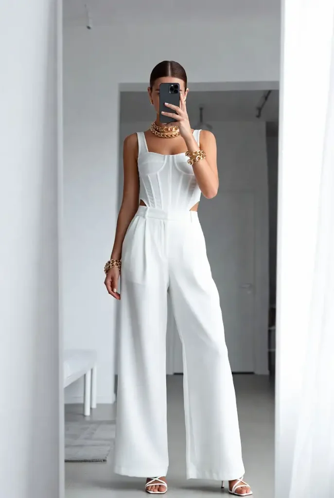All-white corset top and wide-leg trousers with gold jewelry — a bold classy 25th birthday outfit idea.