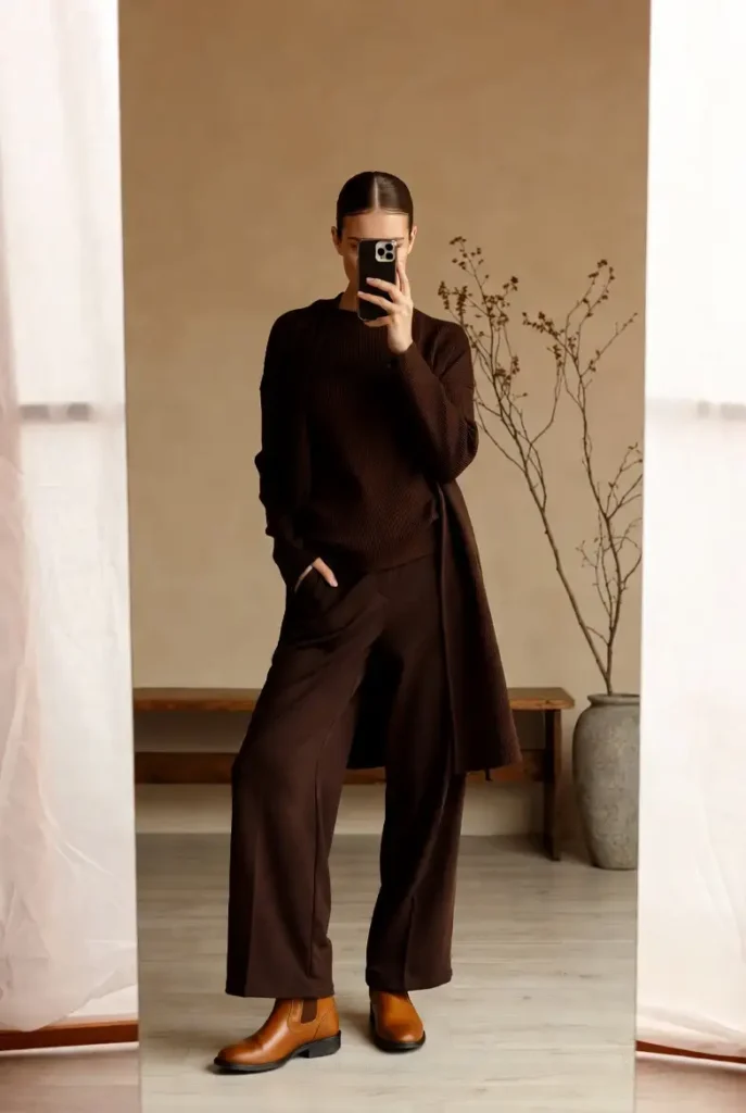 10 Trendy Fall Birthday Outfit Ideas for Women: monochrome deep brown knit sweater, wide-leg trousers, and tan Chelsea boots