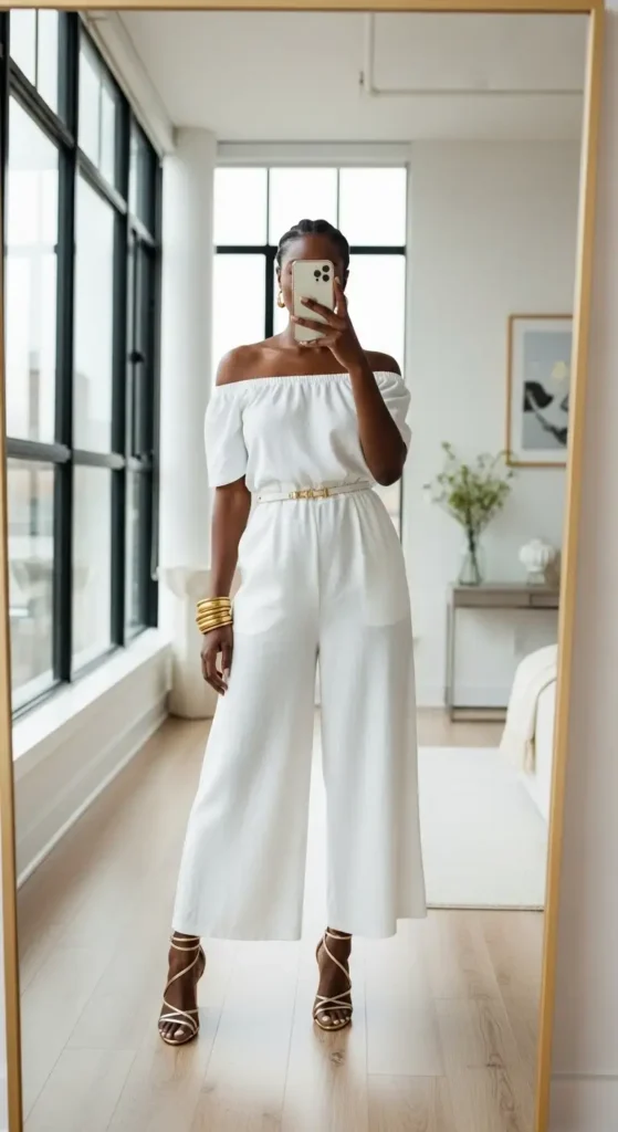 White off-shoulder jumpsuit in 10 Summer Birthday Outfit Ideas for Black Women, iPhone mirror selfie in bright city loft