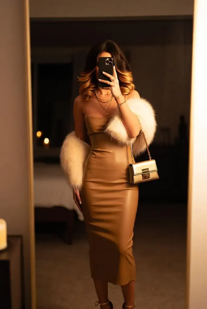 Mirror selfie in a tan leather midi dress with white faux fur stole and gold mini bag — glamorous from 10 gyaru outfit ideas.