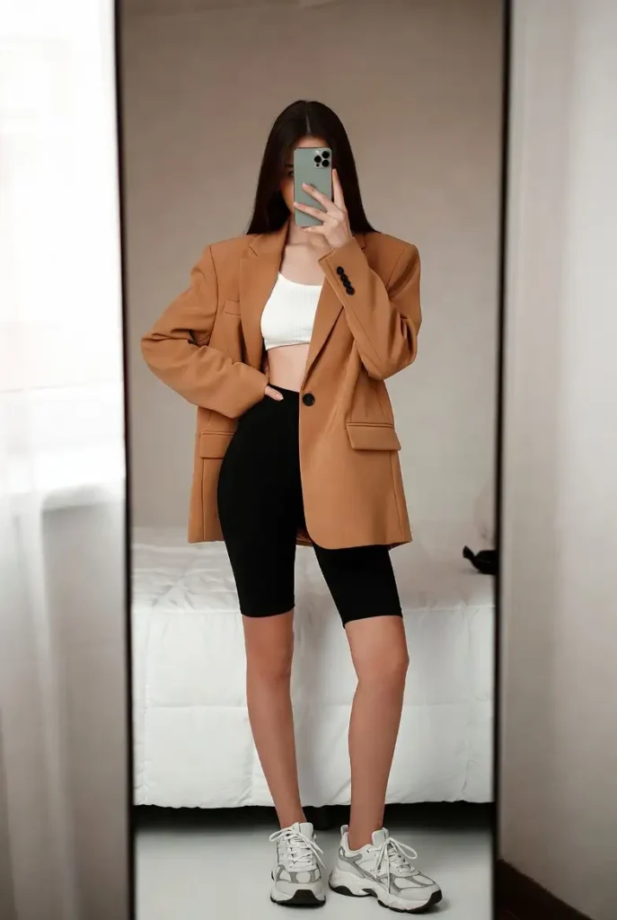 A trendy casual 18th birthday outfit idea: oversized camel blazer over white crop top with black biker shorts and chunky sneakers.