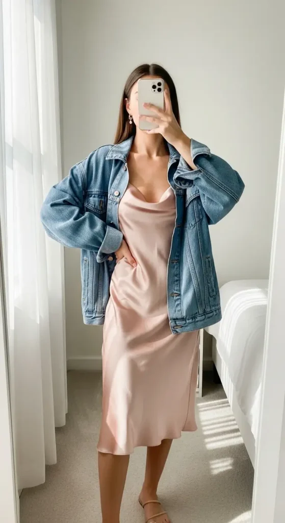 From 10 VSCO outfit ideas, a blush satin slip dress layered under an oversized denim jacket with nude sandals