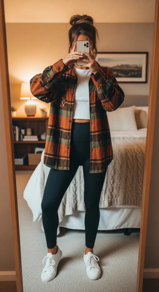 A fall look from 10 VSCO outfit ideas — orange plaid flannel over a white crop top, black leggings, white sneakers