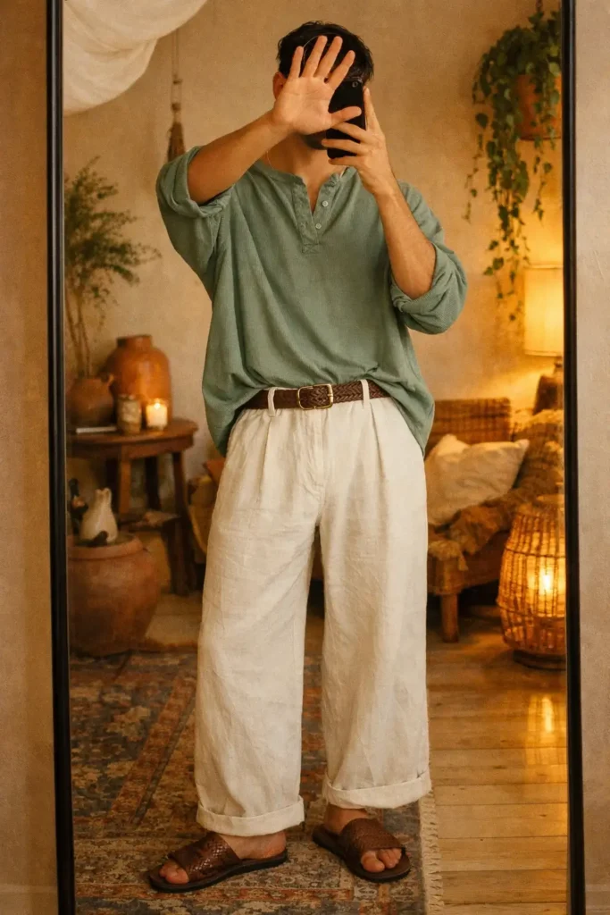 From 10 Cottagecore Outfit Ideas for Men: sage green Henley tucked into wide-leg linen pants with woven belt
