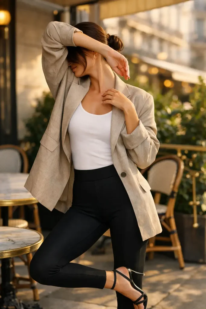 One of 10 black leggings outfits: oversized linen blazer, black leggings, strappy sandals at a Parisian café terrace