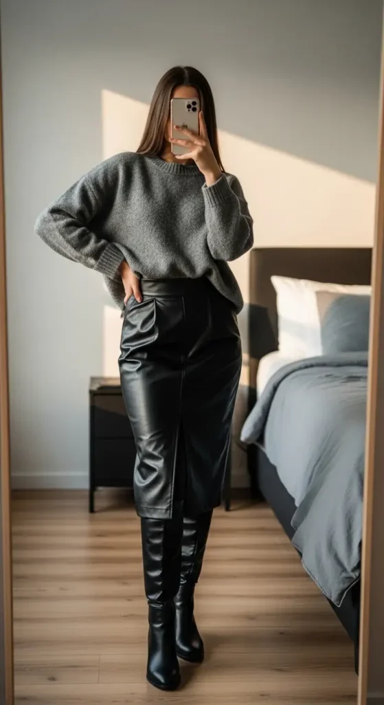 Mirror selfie of a stylish woman in oversized sweater and knee-high boots with black leather skirt for Black Leather Skirt Outfit Ideas.