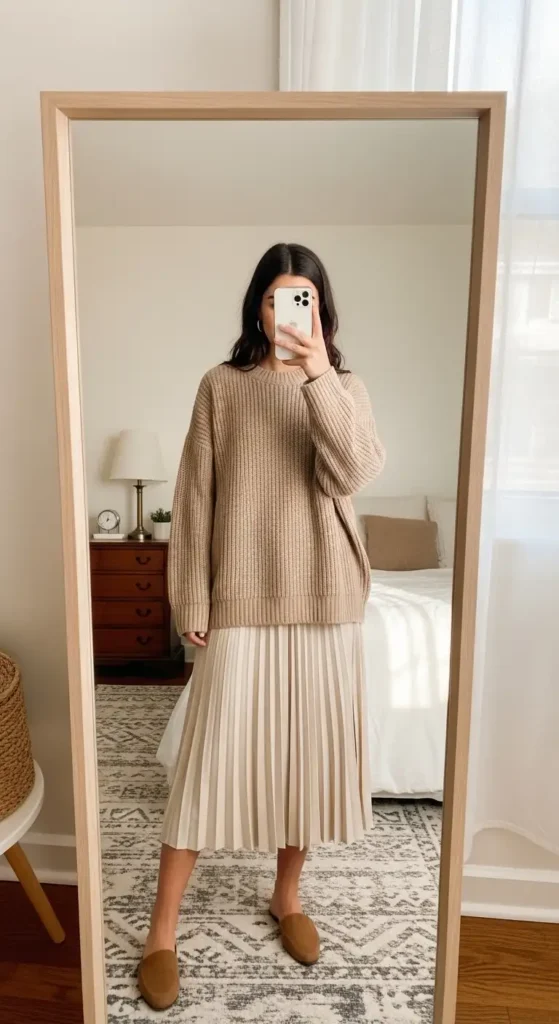 Woman taking a mirror selfie in oversized beige sweater and pleated skirt as part of 10 Preppy Outfit Ideas.