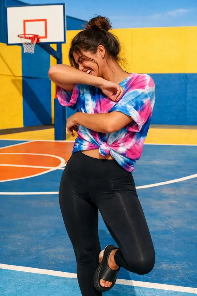 One of 10 black leggings outfits: knotted tie-dye tee, black leggings, slider sandals on a colorful basketball court