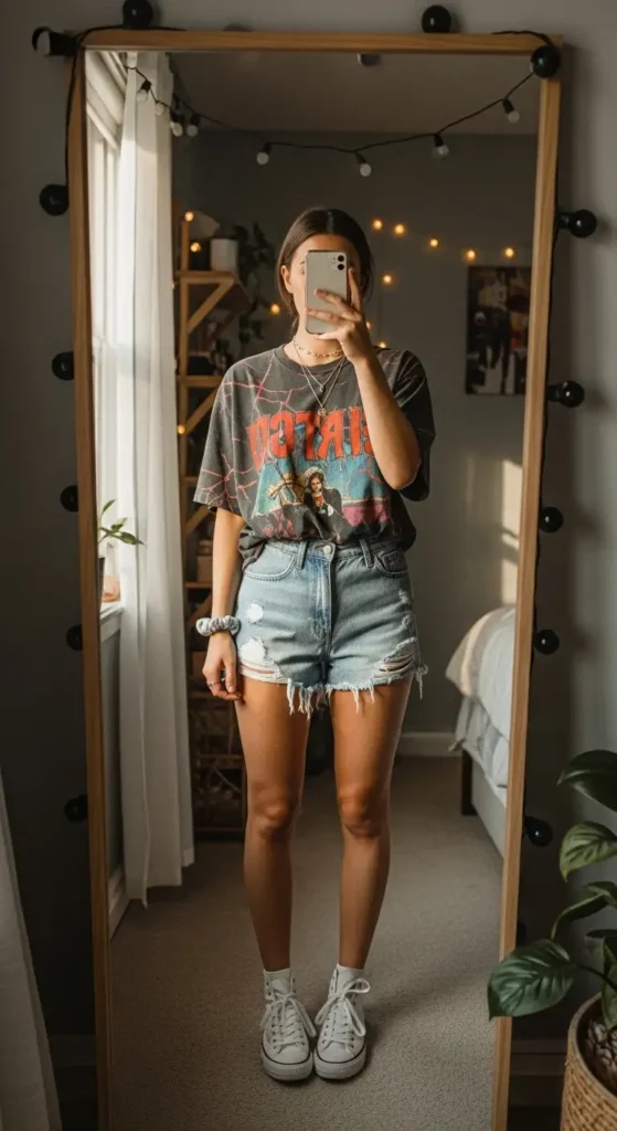 One of 10 VSCO outfit ideas — a vintage graphic tee with distressed denim shorts, scrunchie, and white Converse.